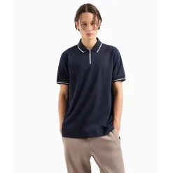 AX ARMANI Cotton Pique Zip Polo - Navy