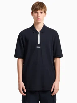 AX ARMANI Collar Zip Logo Detail Polo - Navy