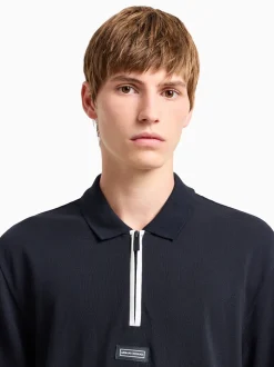 AX ARMANI Collar Zip Logo Detail Polo - Navy