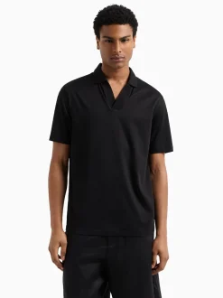 AX ARMANI Mercerized Cotton Open Neck Polo - Black