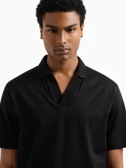 AX ARMANI Mercerized Cotton Open Neck Polo - Black