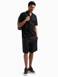 AX ARMANI Mercerized Cotton Open Neck Polo - Black