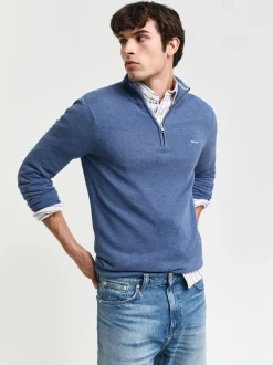 Gant Cotton Pique Quarter Zip - Blue